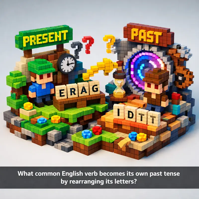 Illustration for riddle: What common English verb becomes its own past tense by rearranging its letters?