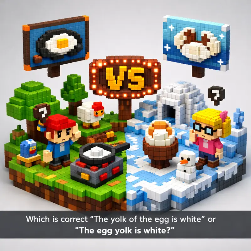 Illustration for riddle: Which is correct "The yolk of the egg is white" or "The egg yolk is white?"