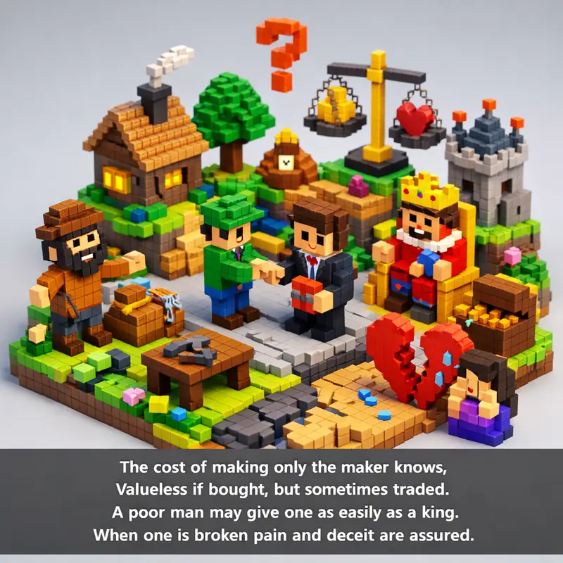 Illustration for riddle: The cost of making only the maker knows,
Valueless if bought, but sometimes traded.
A poor man may g