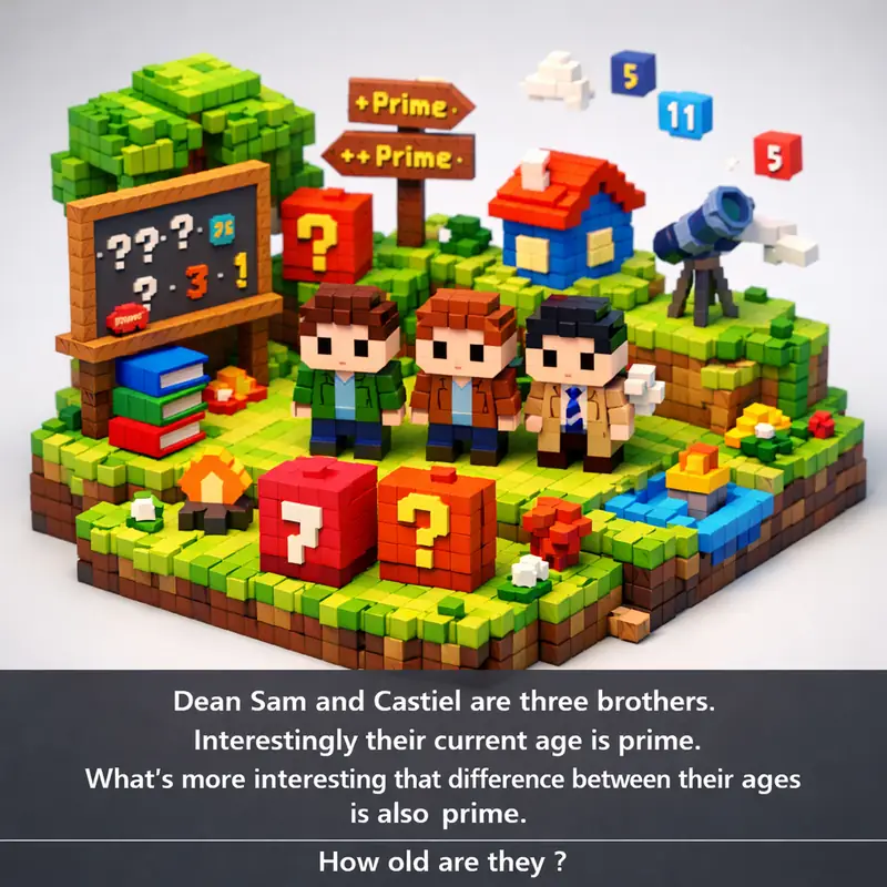 Illustration for riddle: Dean Sam and Castiel are three brothers.
Interestingly their current age is prime.
What's more inte