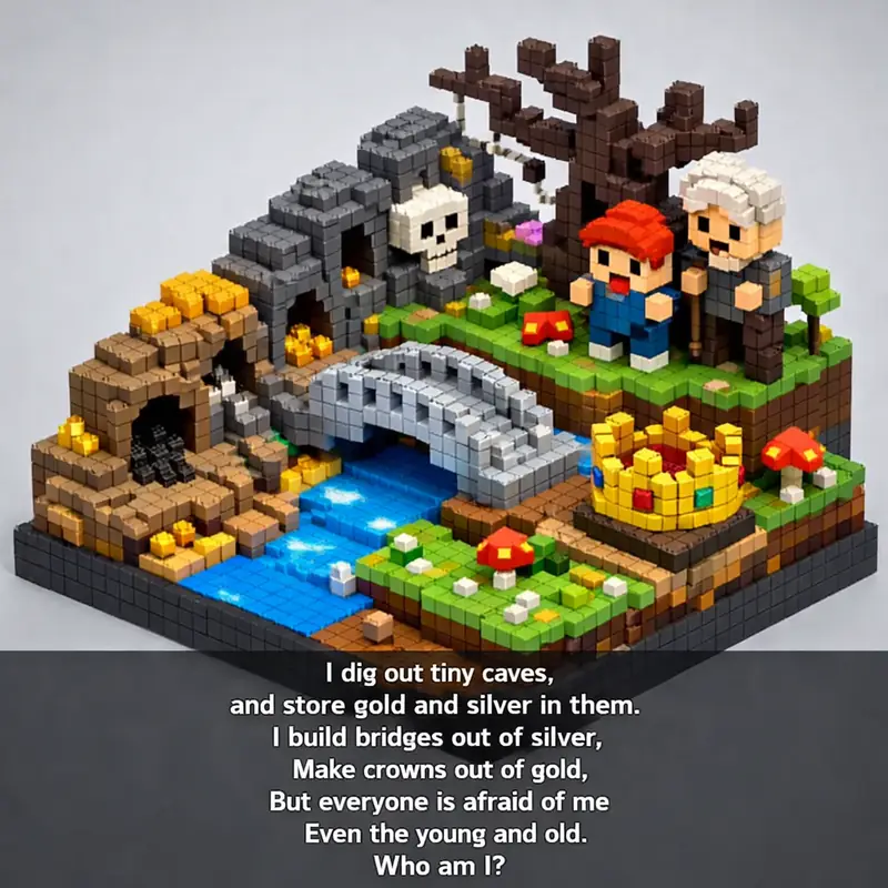 Illustration for riddle: I dig out tiny caves,
and store gold and silver in them.
I build bridges out of silver,
Make crowns