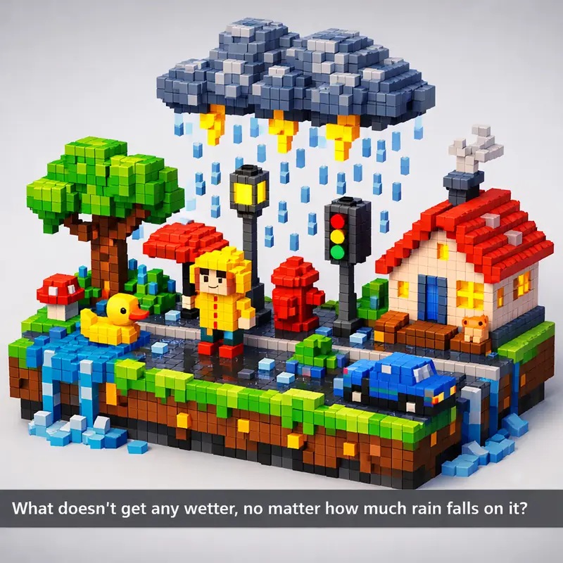 Illustration for riddle: What doesn't get any wetter, no matter how much rain falls on it?