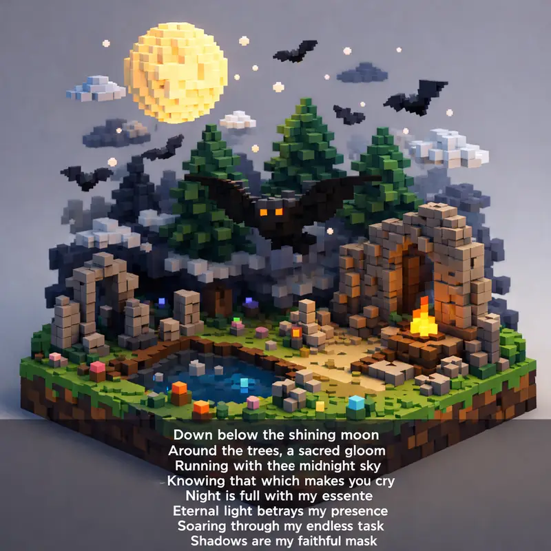 Illustration for riddle: Down below the shining moon
Around the trees, a sacred gloom
Running with the midnight sky
Knowing t