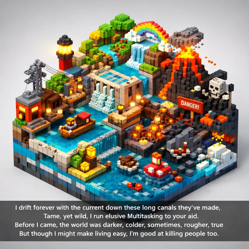 Illustration for riddle: I drift forever with the current down these long canals they've made,
Tame, yet wild, I run elusive