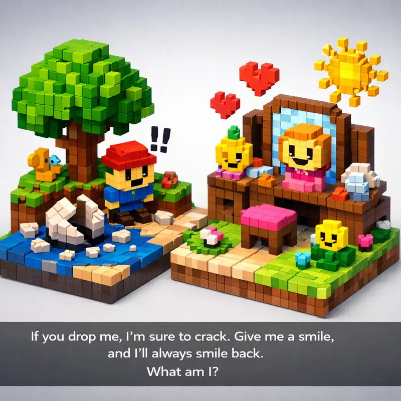 Illustration for riddle: If you drop me, I'm sure to crack. Give me a smile, and I'll always smile back.
What am I?