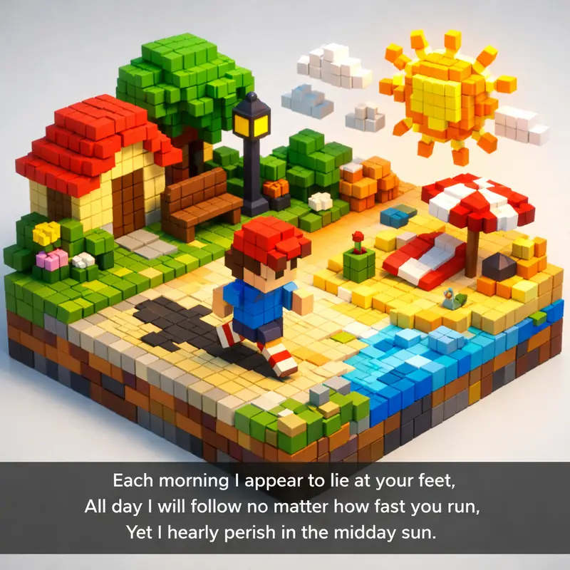 Illustration for riddle: Each morning I appear to lie at your feet,
All day I will follow no matter how fast you run,
Yet I n