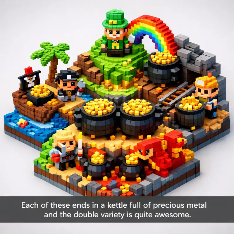 Illustration for riddle: Each of these ends in a kettle full of precious metal and the double variety is quite awesome.