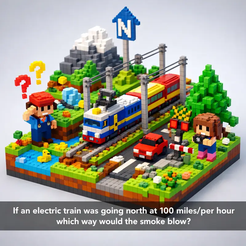 Illustration for riddle: If an electric train was going north at 100 miles/per hour which way would the smoke blow?