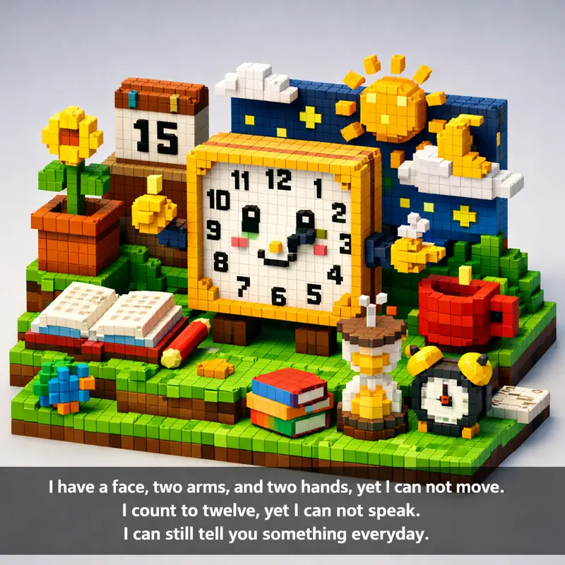 Illustration for riddle: I have a face, two arms, and two hands, yet I can not move. I count to twelve, yet I can not speak.