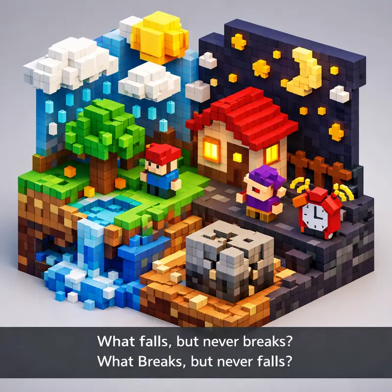 Illustration for riddle: What falls, but never breaks?
What Breaks, but never falls?