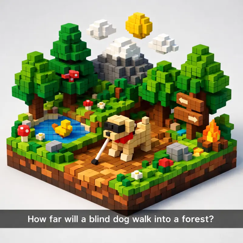 Illustration for riddle: How far will a blind dog walk into a forest?