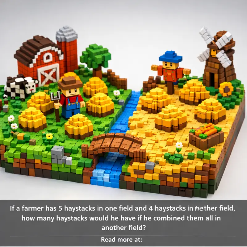 Illustration for riddle: If a farmer has 5 haystacks in one field and 4 haystacks in the other field, how many haystacks woul