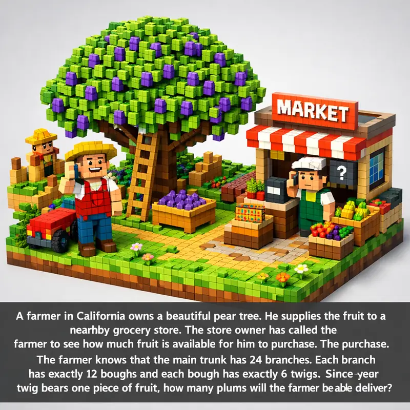 Illustration for riddle: A farmer in California owns a beautiful pear tree. He supplies the fruit to a nearby grocery store.
