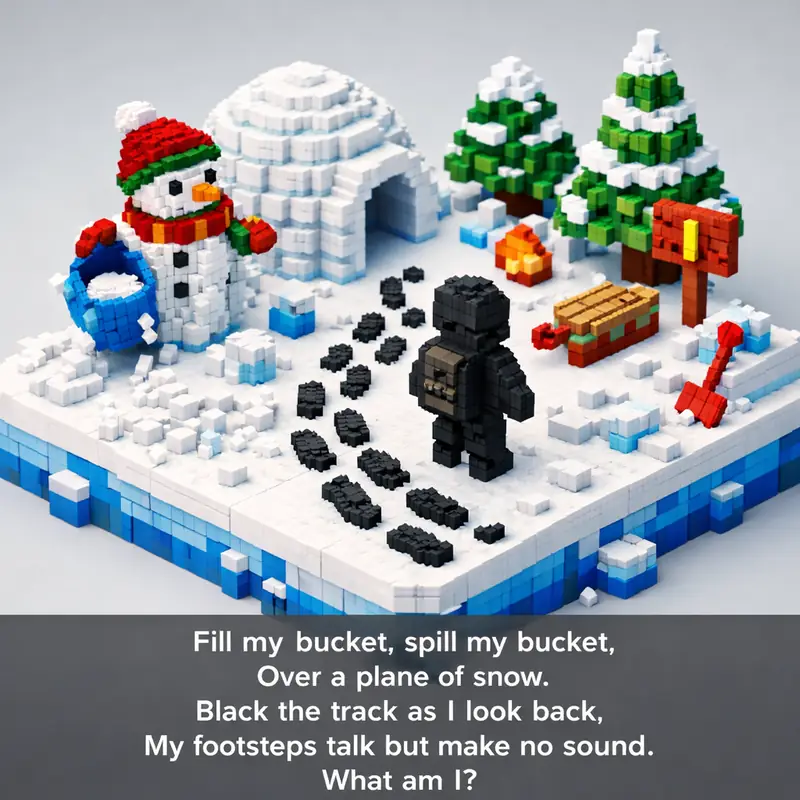 Illustration for riddle: Fill my bucket, spill my bucket,
Over a plane of snow.
Black the track as I look back,
My footsteps