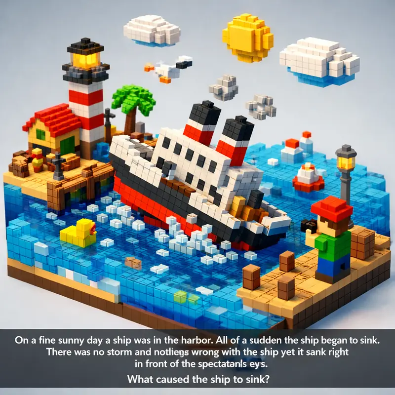 Illustration for riddle: On a fine sunny day a ship was in the harbor. All of a sudden the ship began to sink. There was no s