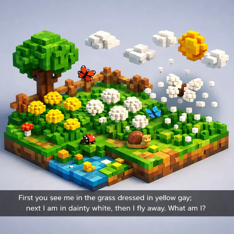 Illustration for riddle: First you see me in the grass dressed in yellow gay; next I am in dainty white, then I fly away. Wha