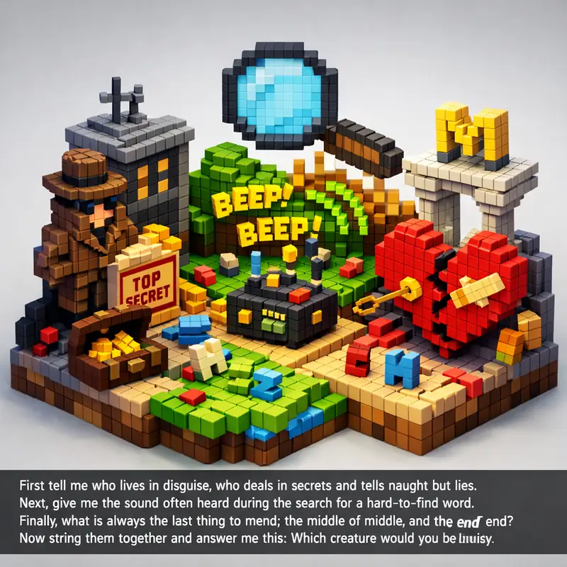 Illustration for riddle: First tell me who lives in disguise, who deals in secrets and tells naught but lies.
Next, give me