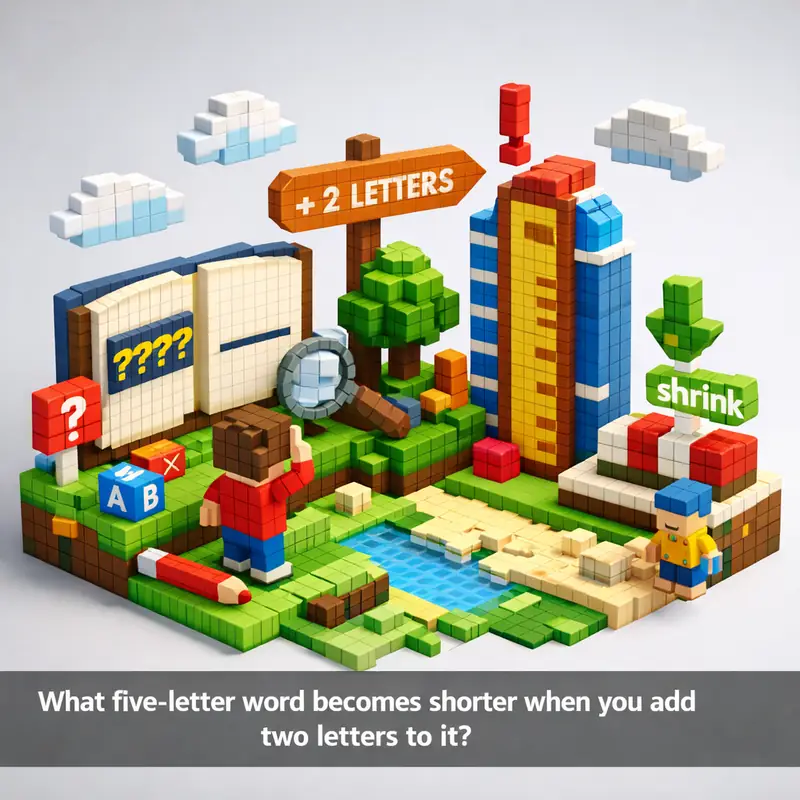 Illustration for riddle: What five-letter word becomes shorter when you add two letters to it?