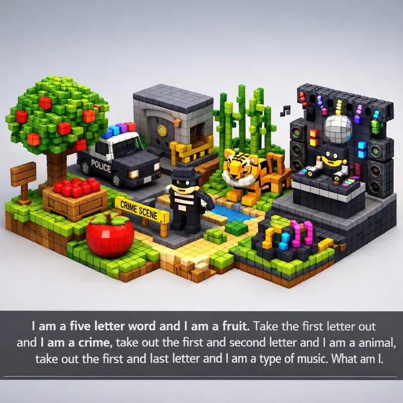 Illustration for riddle: I am a five letter word and I am a fruit. Take the first letter out and I am a crime, take out the f