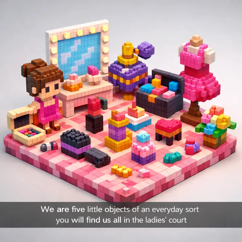 Illustration for riddle: We are five little objects of an everyday sort
you will find us all in the ladies' court