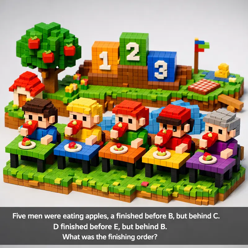 Five men were eating apples, a finished before B, but behind C. D finished befor...