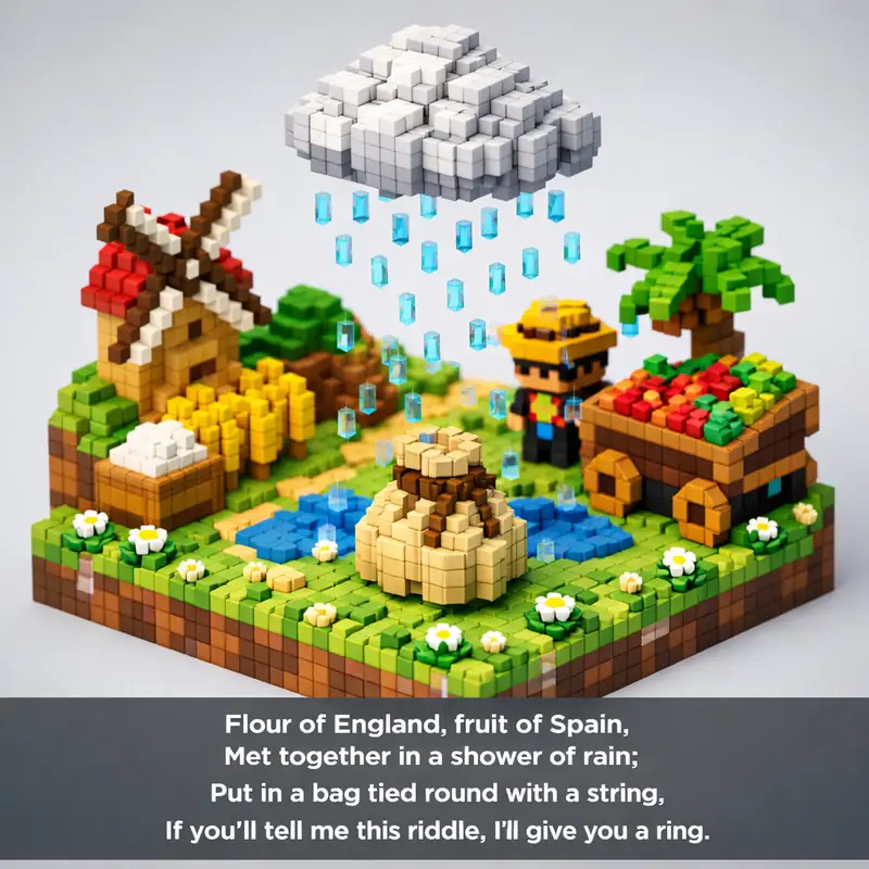 Illustration for riddle: Flour of England, fruit of Spain,
Met together in a shower of rain;
Put in a bag tied round with a s