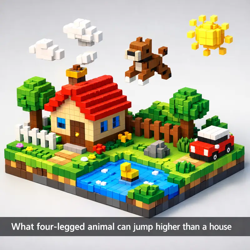 Illustration for riddle: What four-legged animal can jump higher than a house