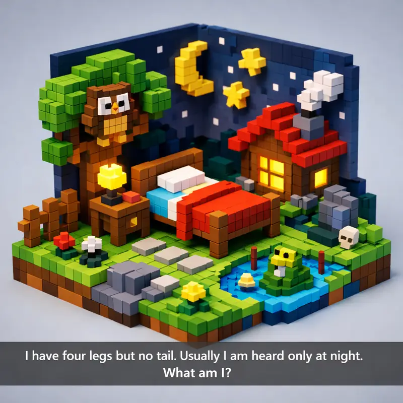 Illustration for riddle: I have four legs but no tail. Usually I am heard only at night. What am I?