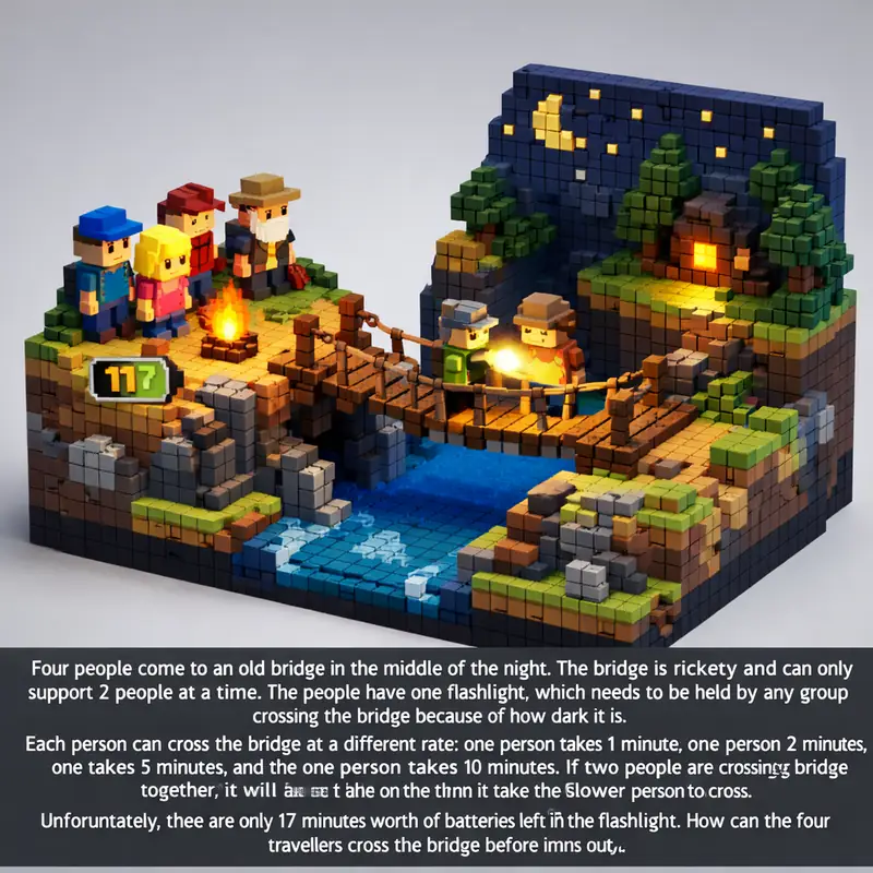 Illustration for riddle: Four people come to an old bridge in the middle of the night. The bridge is rickety and can only sup