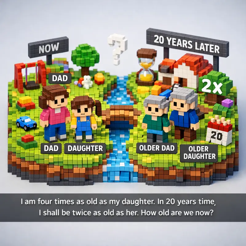 Illustration for riddle: I am four times as old as my daughter. In 20 years time I shall be twice as old as her. How old are