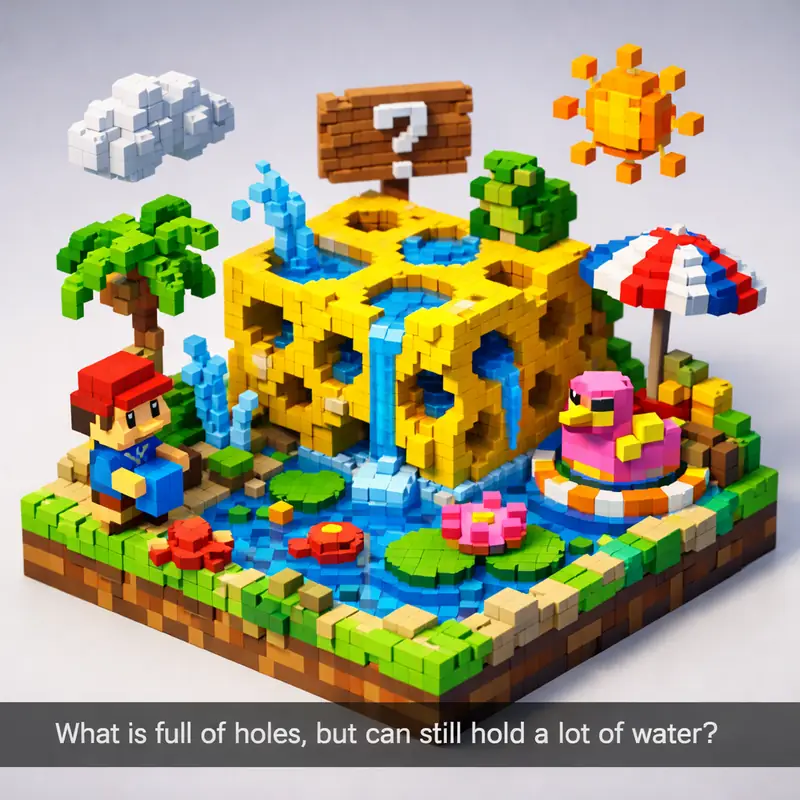 Illustration for riddle: What is full of holes, but can still hold a lot of water?