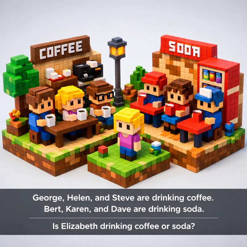 Illustration for riddle: George, Helen, and Steve are drinking coffee.
Bert, Karen, and Dave are drinking soda.
Is Elizabet