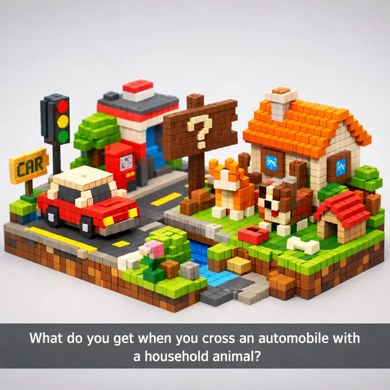 Illustration for riddle: What do you get when you cross an automobile with a household animal?