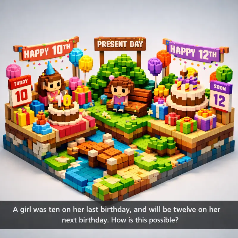 Illustration for riddle: A girl was ten on her last birthday, and will be twelve on her next birthday. How is this possible?