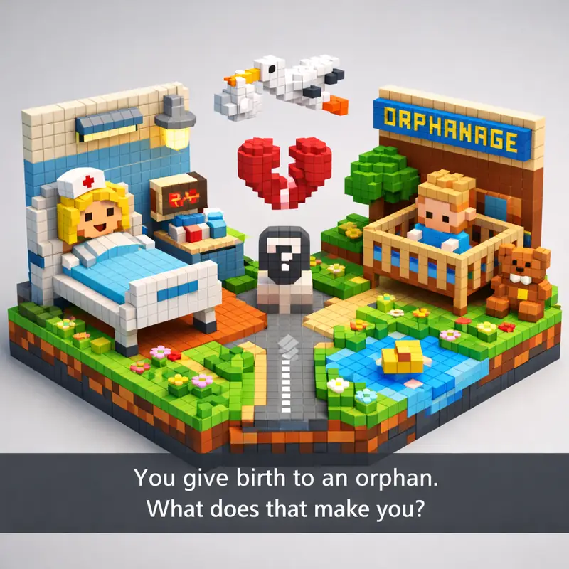 You give birth to an orphan.
What does that make you?