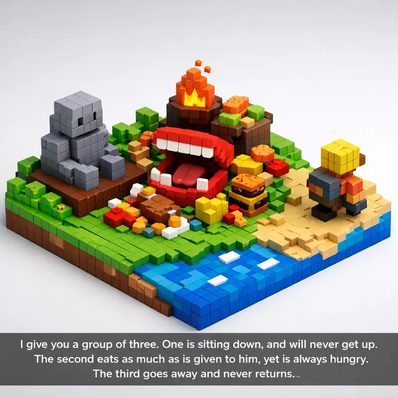 Illustration for riddle: I give you a group of three. One is sitting down, and will never get up. The second eats as much as