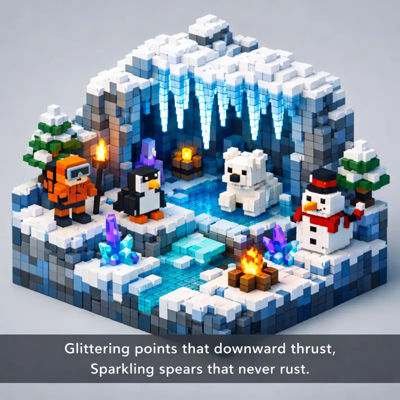 Illustration for riddle: Glittering points that downward thrust,
Sparkling spears that never rust.