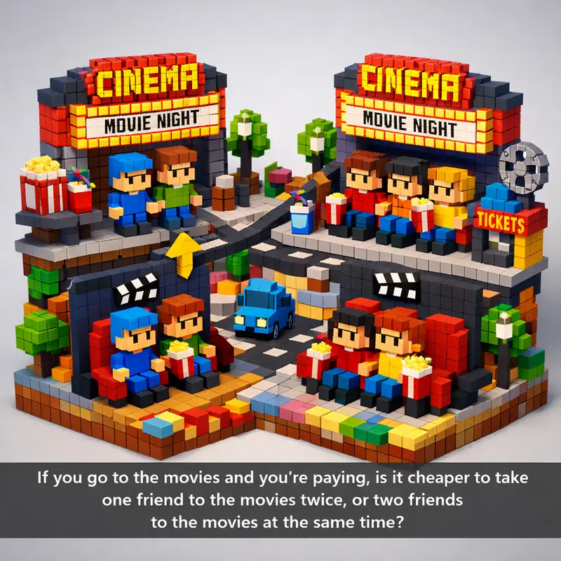 Illustration for riddle: If you go to the movies and you're paying, is it cheaper to take one friend to the movies twice, or