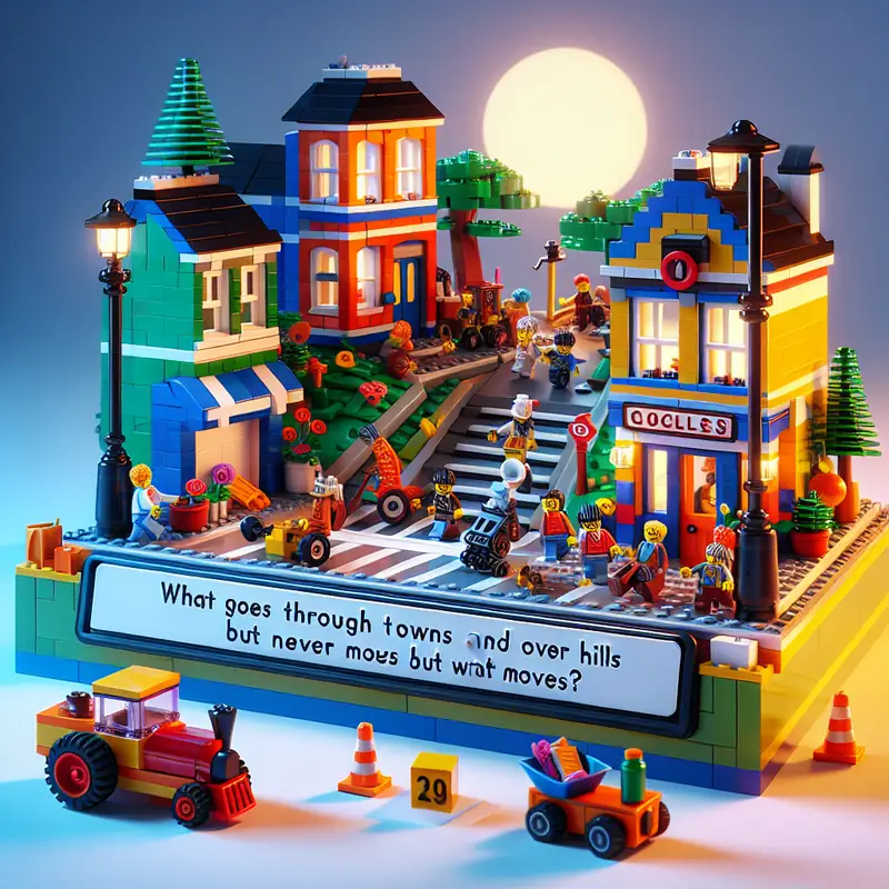 Illustration for riddle: What goes through towns and over hills but never moves?