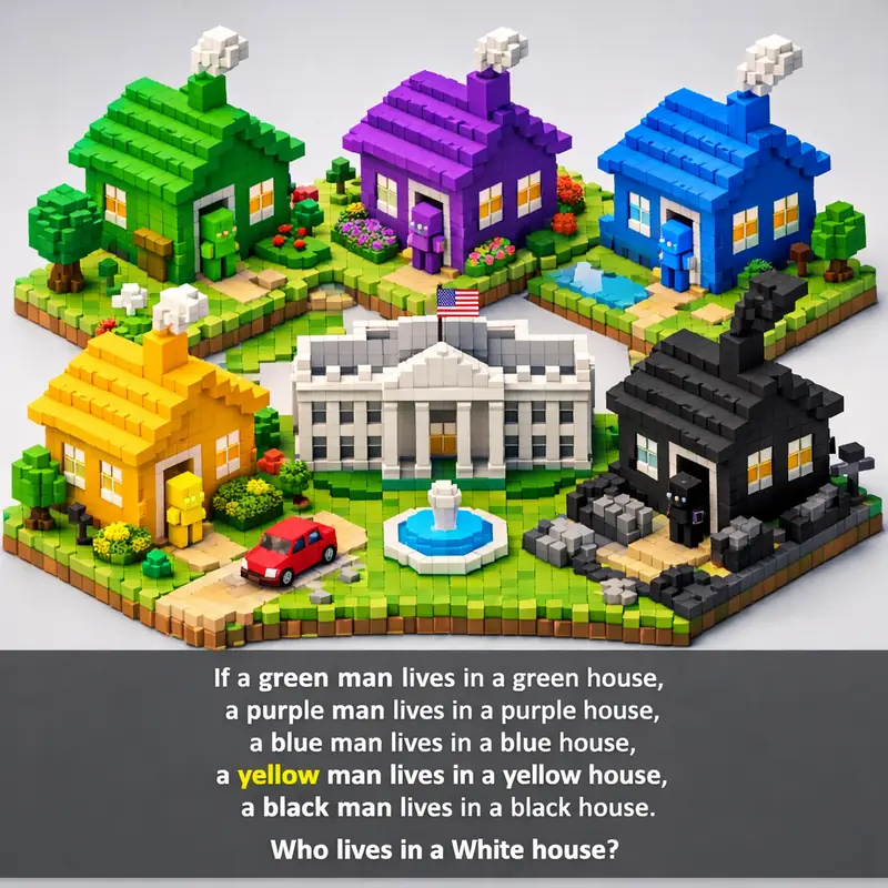 Illustration for riddle: If a green man lives in a green house,
a purple man lives in a purple house,
a blue man lives in a