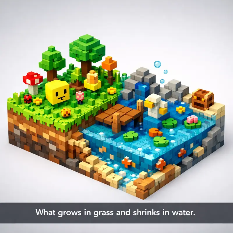 Illustration for riddle: What grows in grass and shrinks in water.