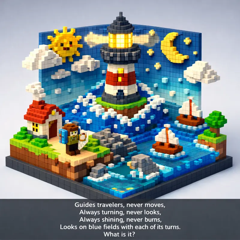 Illustration for riddle: Guides travelers, never moves,
Always turning, never looks,
Always shining, never burns,
Looks on bl