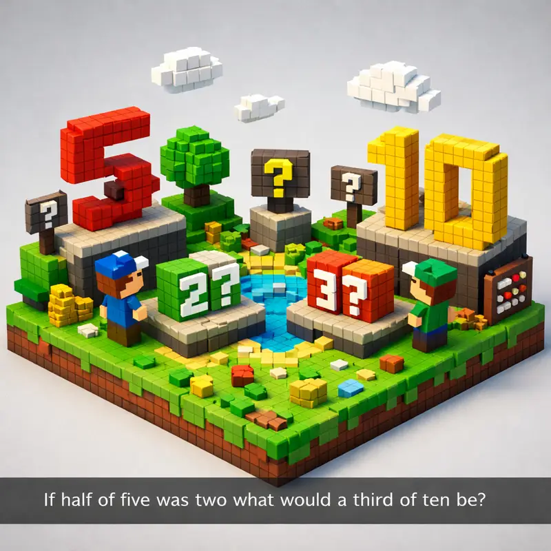 Illustration for riddle: If half of five was two what would a third of ten be?