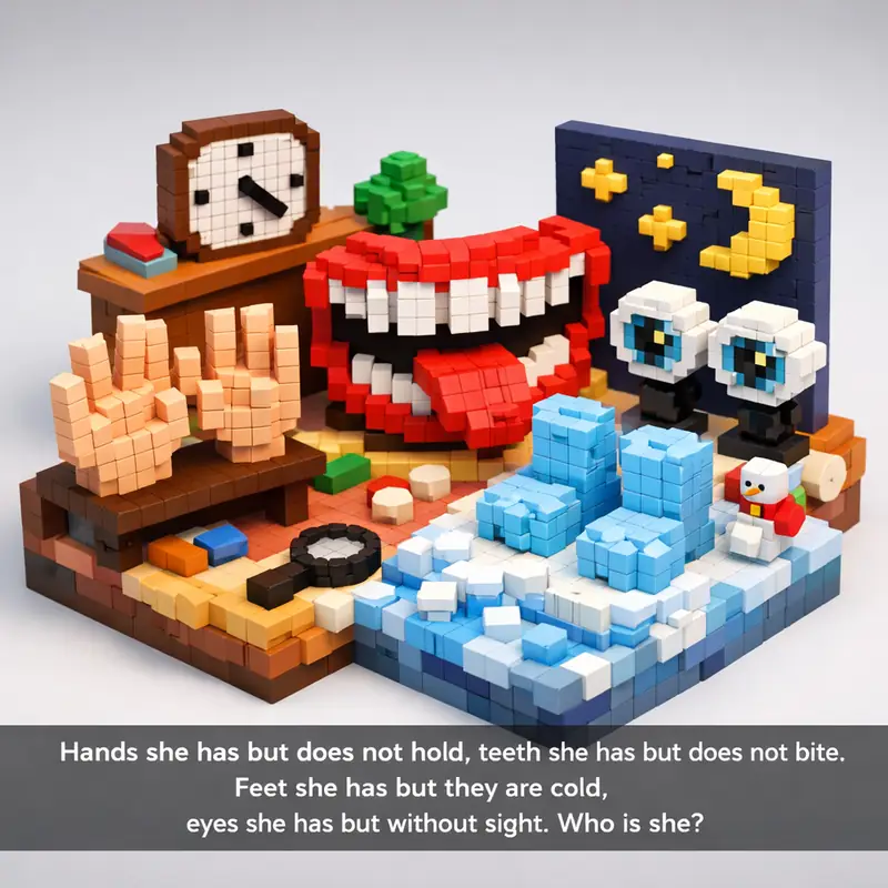 Illustration for riddle: Hands she has but does not hold, teeth she has but does not bite, feet she has but they are cold, ey