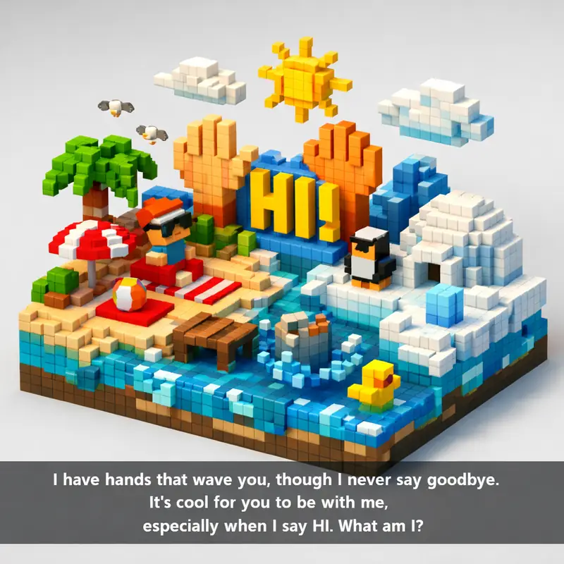 Illustration for riddle: I have hands that wave you, though I never say goodbye. It's cool for you to be with me, especially