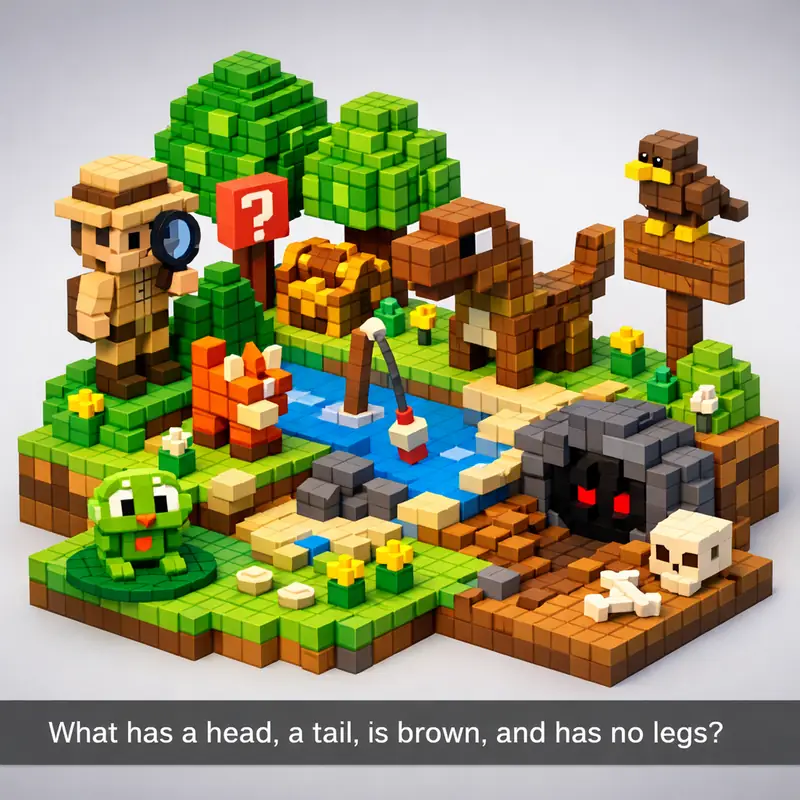 Illustration for riddle: What has a head, a tail, is brown, and has no legs?