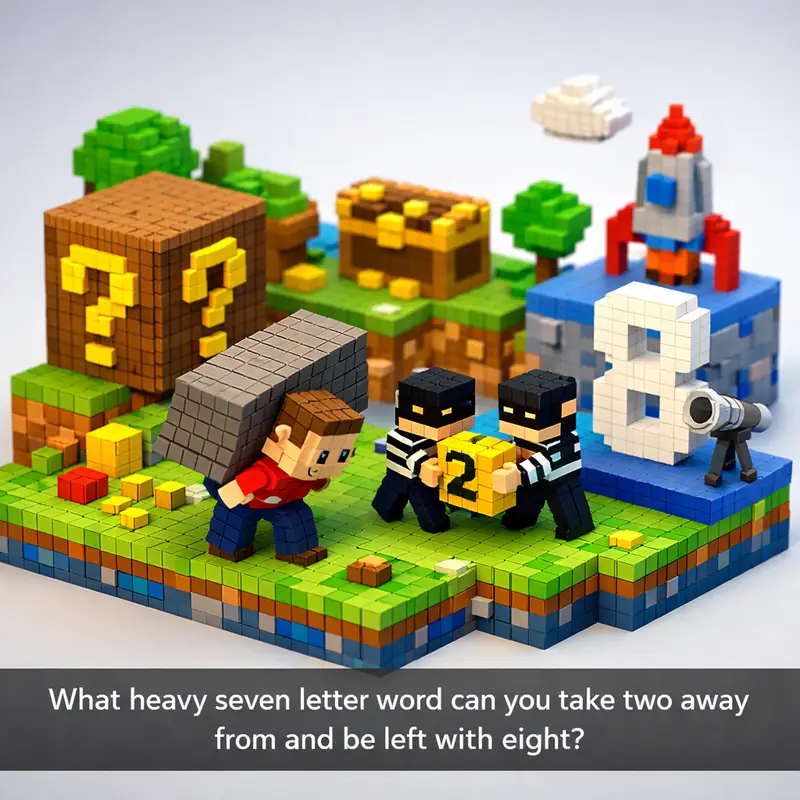 Illustration for riddle: What heavy seven letter word can you take two away from and be left with eight?