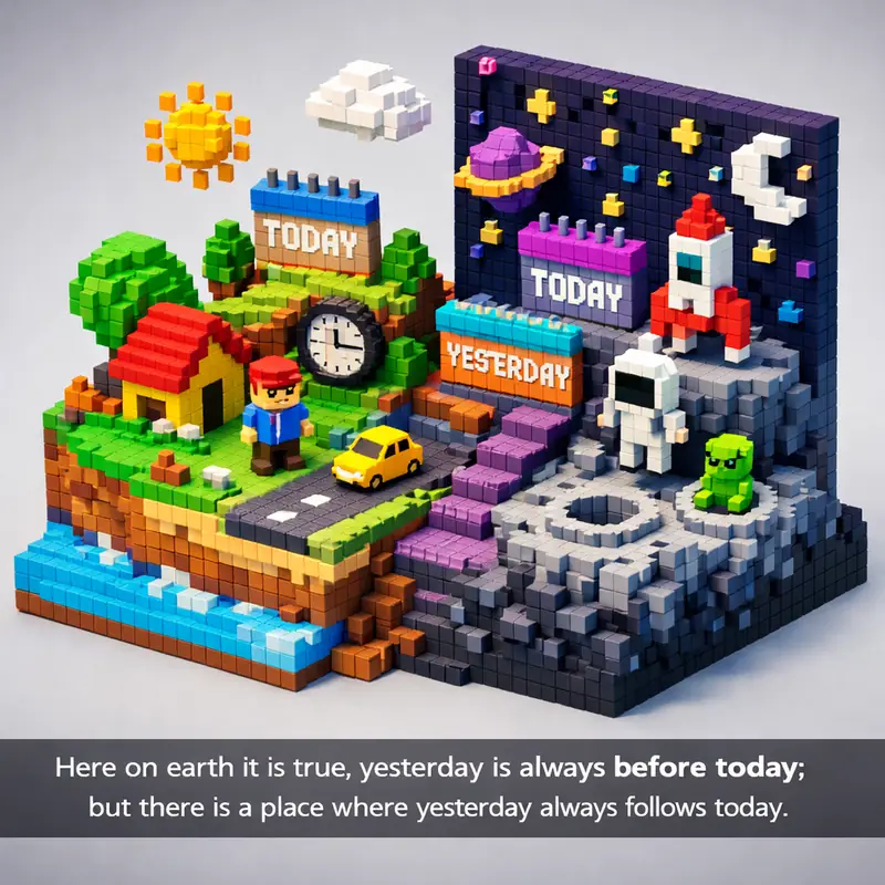 Illustration for riddle: Here on earth it is true, yesterday is always before today; but there is a place where yesterday alw