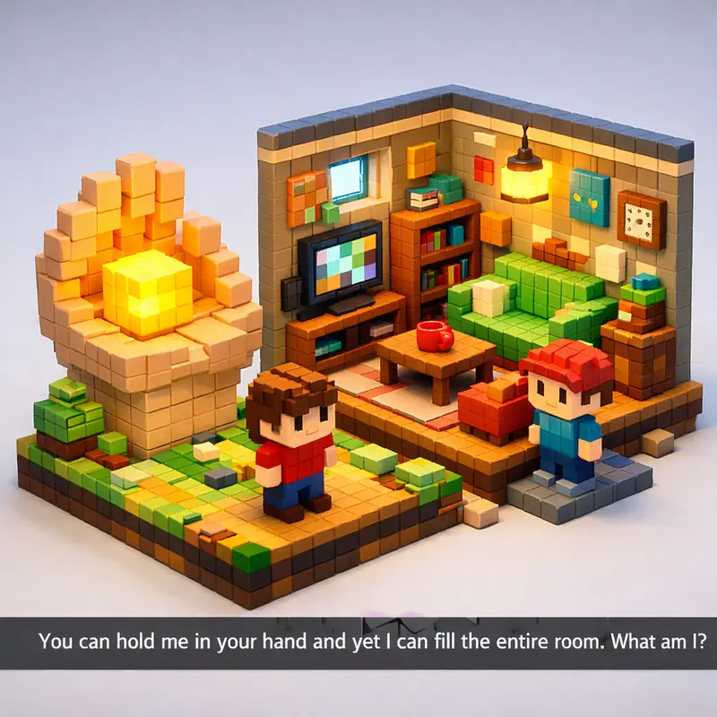 Illustration for riddle: You can hold me in your hand and yet I can fill the entire room. What am I?