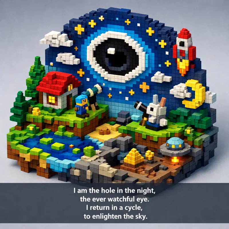 Illustration for riddle: I am the hole in the night,
the ever watchful eye.
I return in a cycle,
to enlighten the sky.